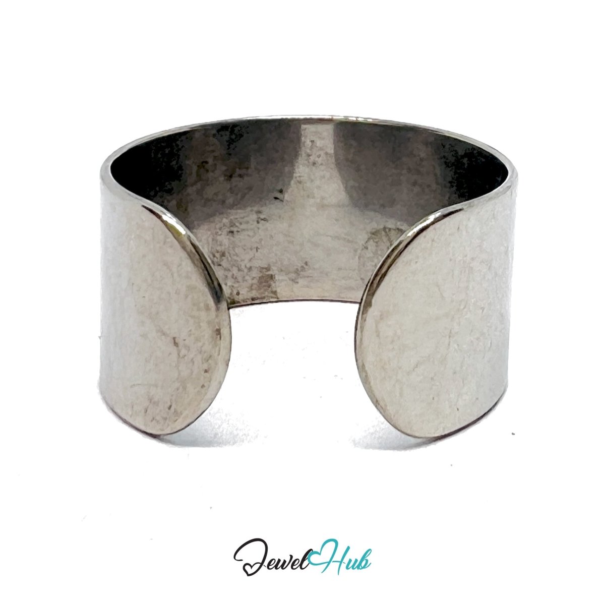 Silver - Plated Stainless Steel Textural Relief Tag Charm Ring – Adjustable Wide Band - JewelHub.co.uk