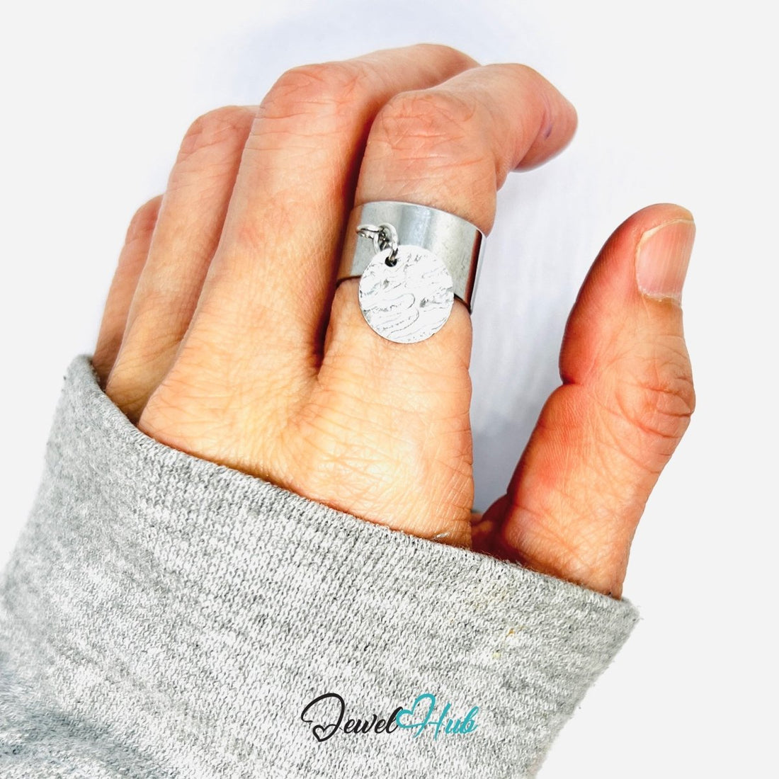 Silver - Plated Stainless Steel Textural Relief Tag Charm Ring – Adjustable Wide Band - JewelHub.co.uk
