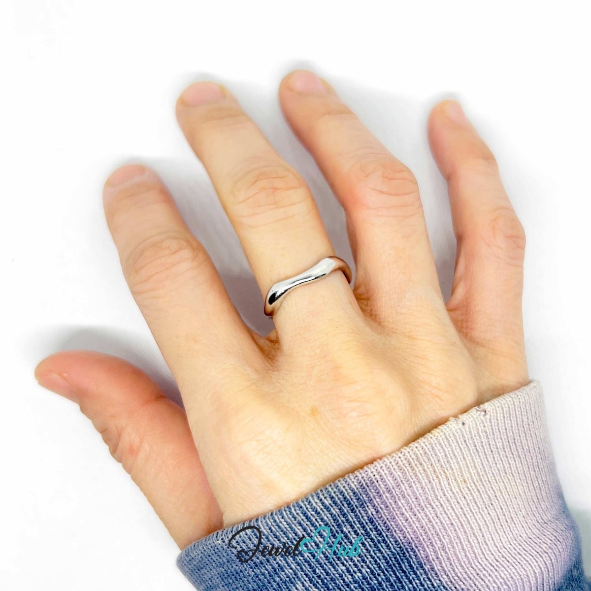 Silver - Plated Wave Zinc Alloy Ring – Asymmetrical Band - JewelHub.co.uk