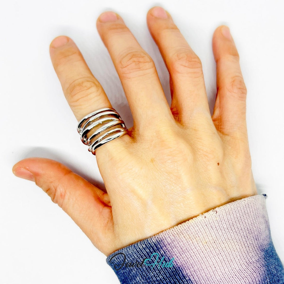 Silver - Plated Zinc Alloy Layered Hammered Ring – Sculptural Textured Band - JewelHub.co.uk