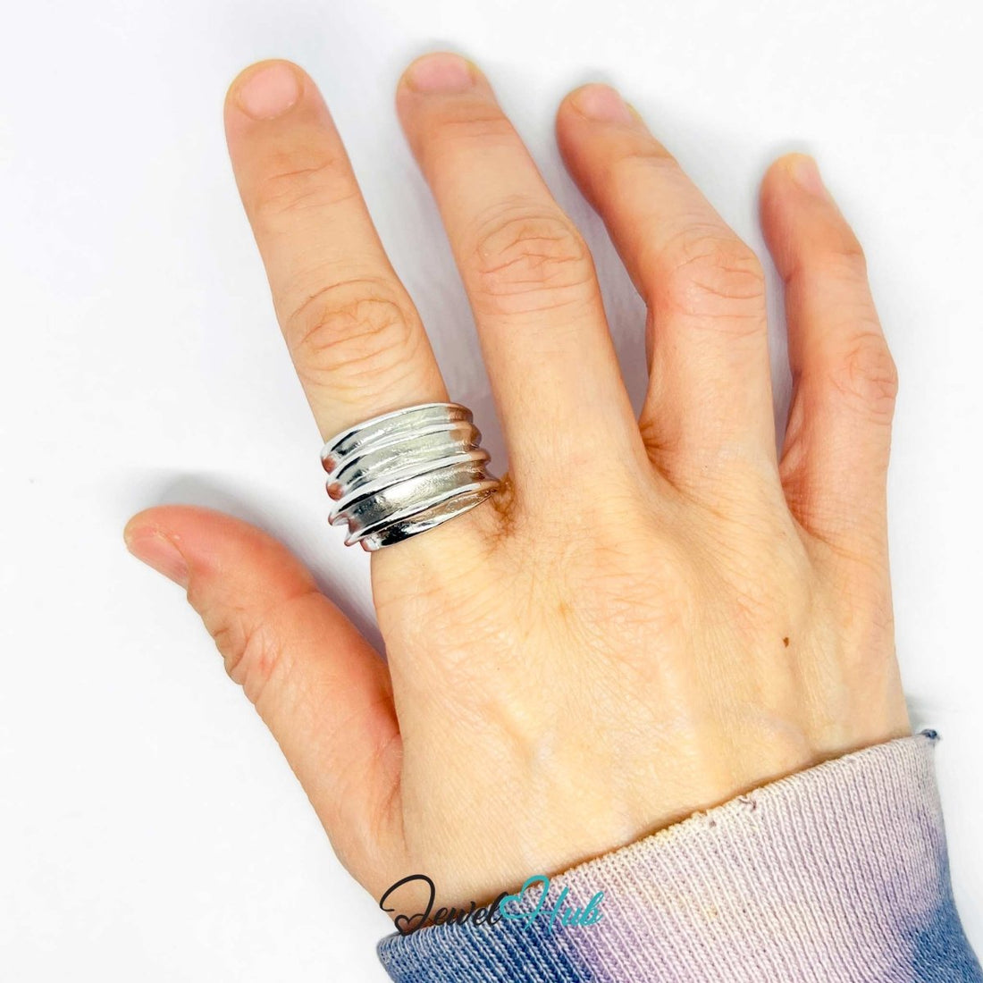 Silver - Plated Zinc Alloy Layered Ridge Ring – Bold Sculptural Band - JewelHub.co.uk