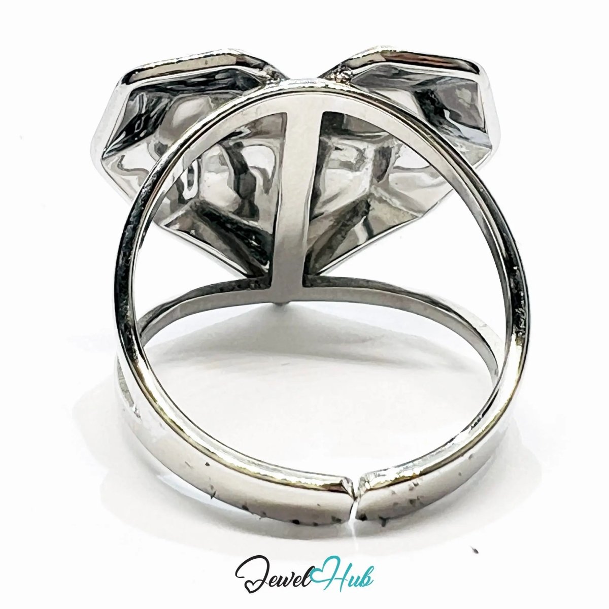 Silver - Plated Zinc Ring – Fixed Size N | Hollow 3D Heart in Abstract Modernist Form - JewelHub.co.uk