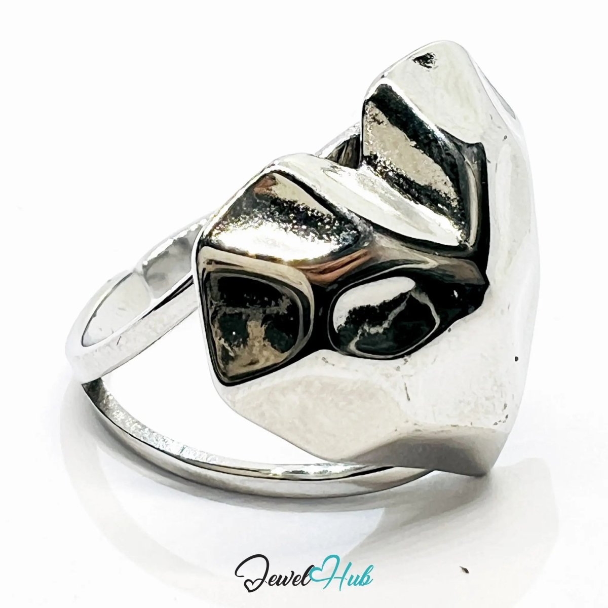 Silver - Plated Zinc Ring – Fixed Size N | Hollow 3D Heart in Abstract Modernist Form - JewelHub.co.uk