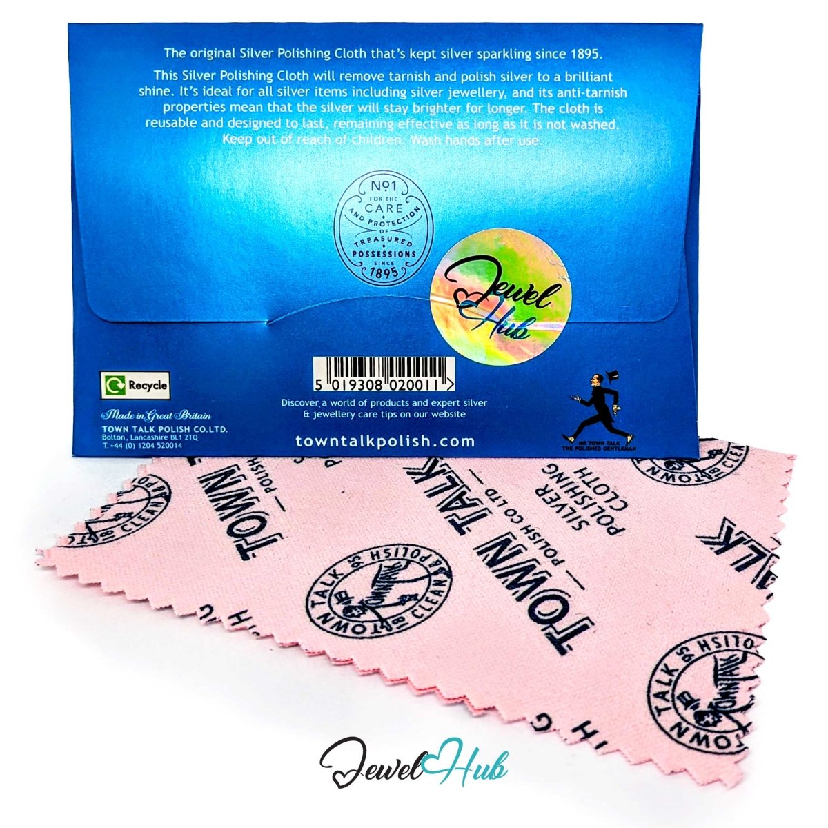 Jewel Hub silver polishing cloth set, showing the blue backing card with product information and a pink microfiber cloth printed with the Jewel Hub logo, on a white background.