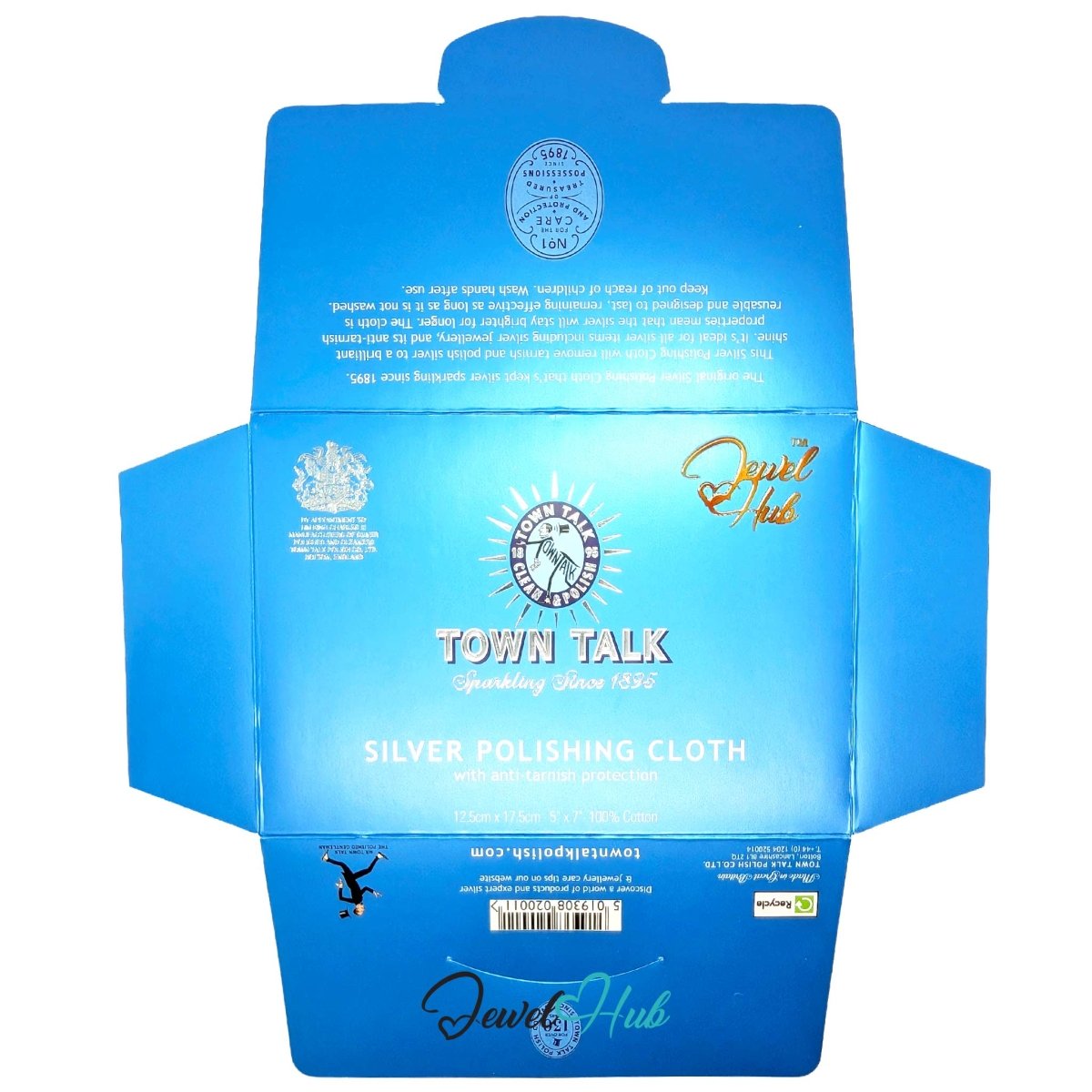 Blue cardboard packaging box for Town Talk Silver Polishing Cloth, featuring white text, a central sunburst logo, and 'Jewelry Hub' branding on a white background.