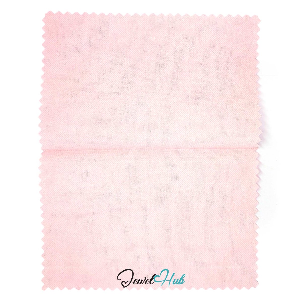 A folded light pink fabric swatch with serrated edges, showing a subtle woven texture, with the 'JewelHub' logo printed at the bottom center.