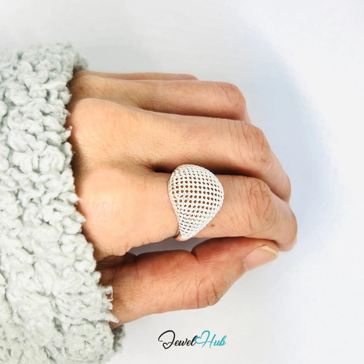Silver Ring Hallmark 925 - Lightweight Texture & Beaded | 3.83g | Adjustable UK N - O - P - JewelHub.co.uk