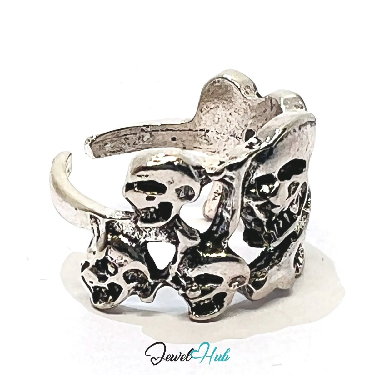 Silver Skull Pattern Punk Ring – Fixed Size K | 3.90g Sculptural Band of Rebellion & Identity - JewelHub.co.uk