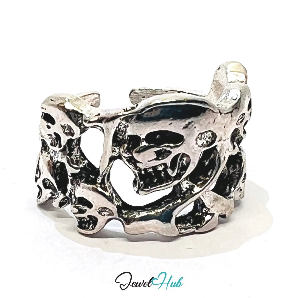 Silver Skull Pattern Punk Ring – Fixed Size K | 3.90g Sculptural Band of Rebellion & Identity - JewelHub.co.uk