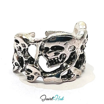 Silver Skull Pattern Punk Ring – Fixed Size K | 3.90g Sculptural Band of Rebellion & Identity - JewelHub.co.uk
