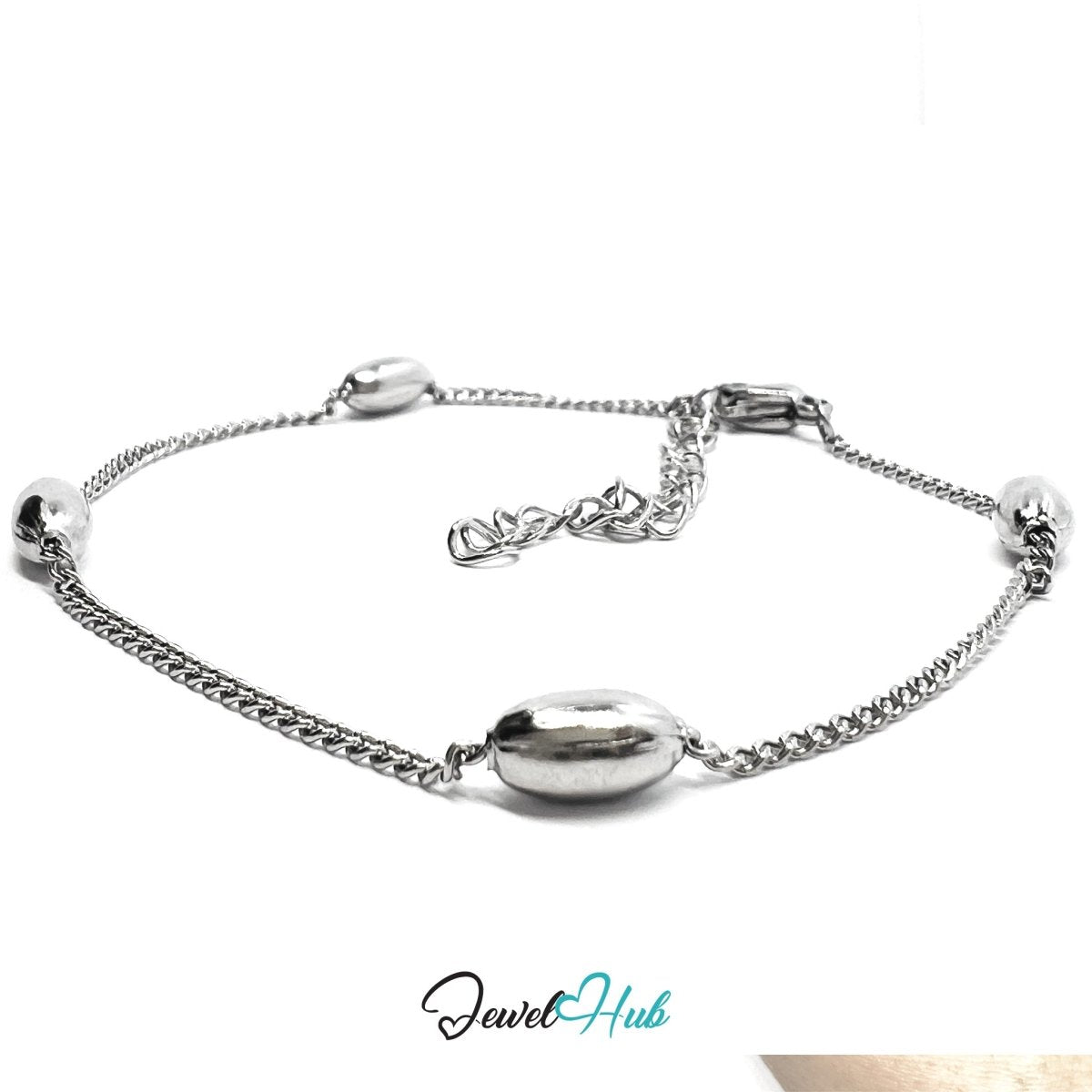 Silver Stainless Steel Bead‑Chain Bracelet – 3.7mm Magnetic Centre Bead, 1.2mm Chain - JewelHub.co.uk