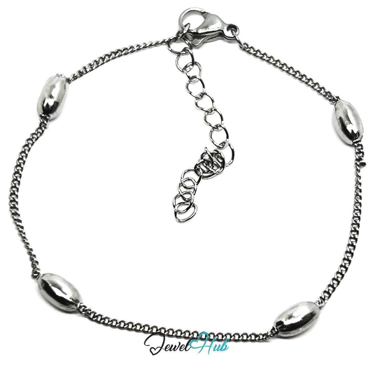 Silver Stainless Steel Bead‑Chain Bracelet – 3.7mm Magnetic Centre Bead, 1.2mm Chain - JewelHub.co.uk