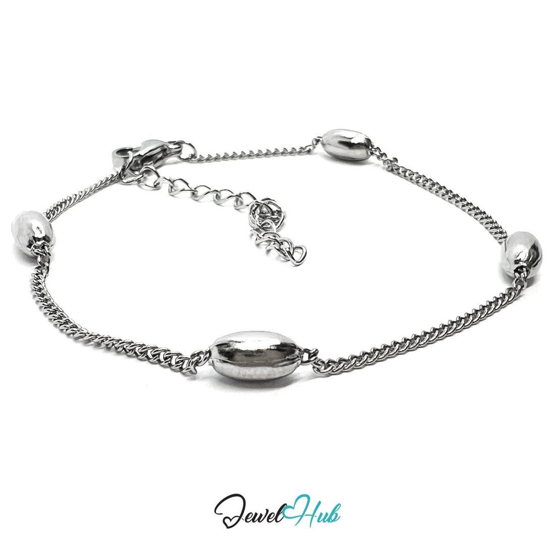 Silver Stainless Steel Bead‑Chain Bracelet – 3.7mm Magnetic Centre Bead, 1.2mm Chain - JewelHub.co.uk