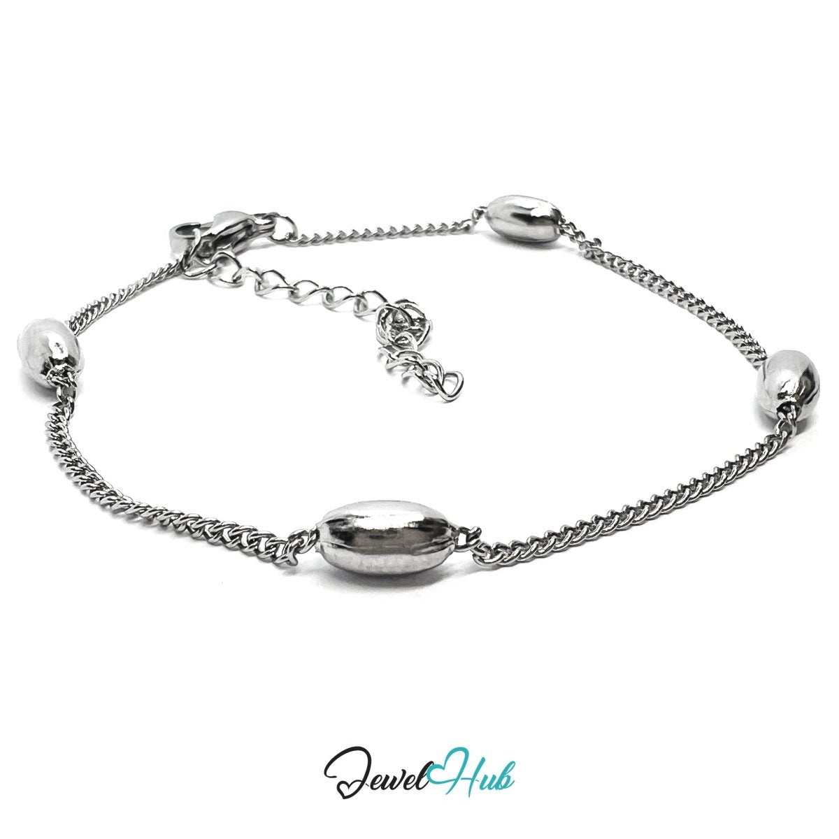 Silver Stainless Steel Bead‑Chain Bracelet – 3.7mm Magnetic Centre Bead, 1.2mm Chain - JewelHub.co.uk