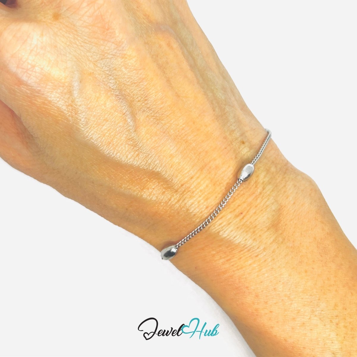 Silver Stainless Steel Bead‑Chain Bracelet – 3.7mm Magnetic Centre Bead, 1.2mm Chain - JewelHub.co.uk