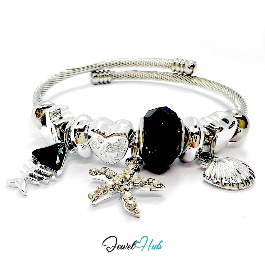 Silver Stainless Steel Black Fishbone, Starfish & Shell Charm Bangle - JewelHub.co.uk