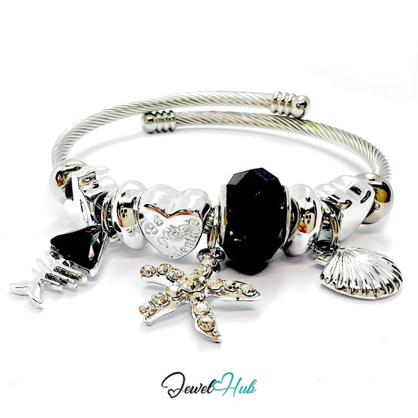 Silver Stainless Steel Black Fishbone, Starfish & Shell Charm Bangle - JewelHub.co.uk