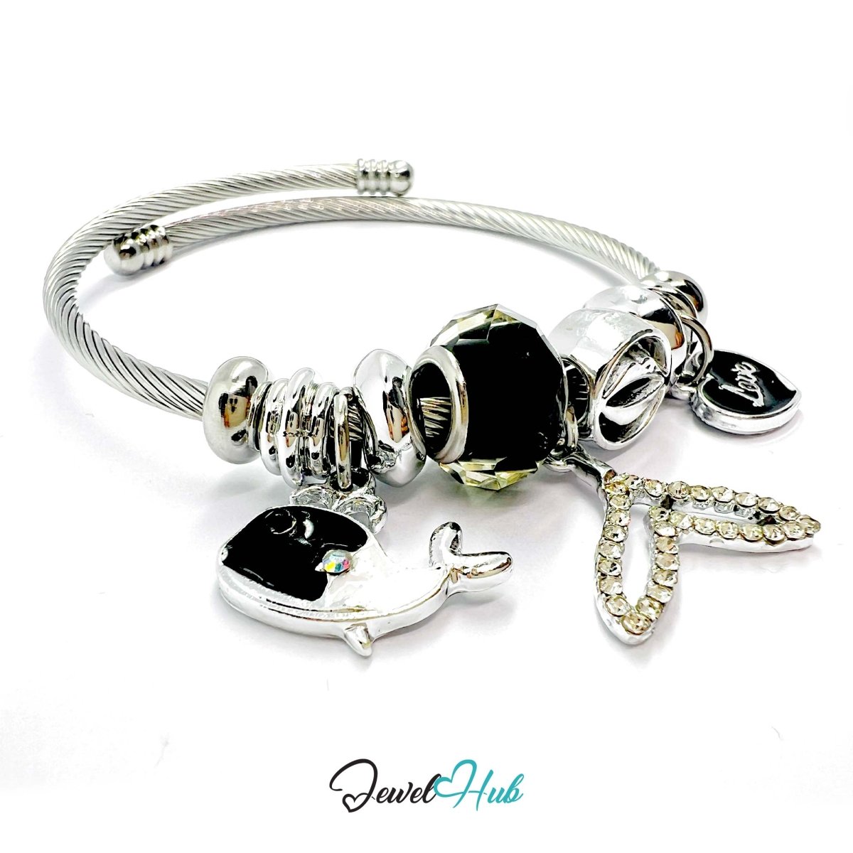 Silver Stainless Steel Black Fishtail, Love & Whale Charm Bangle - JewelHub.co.uk