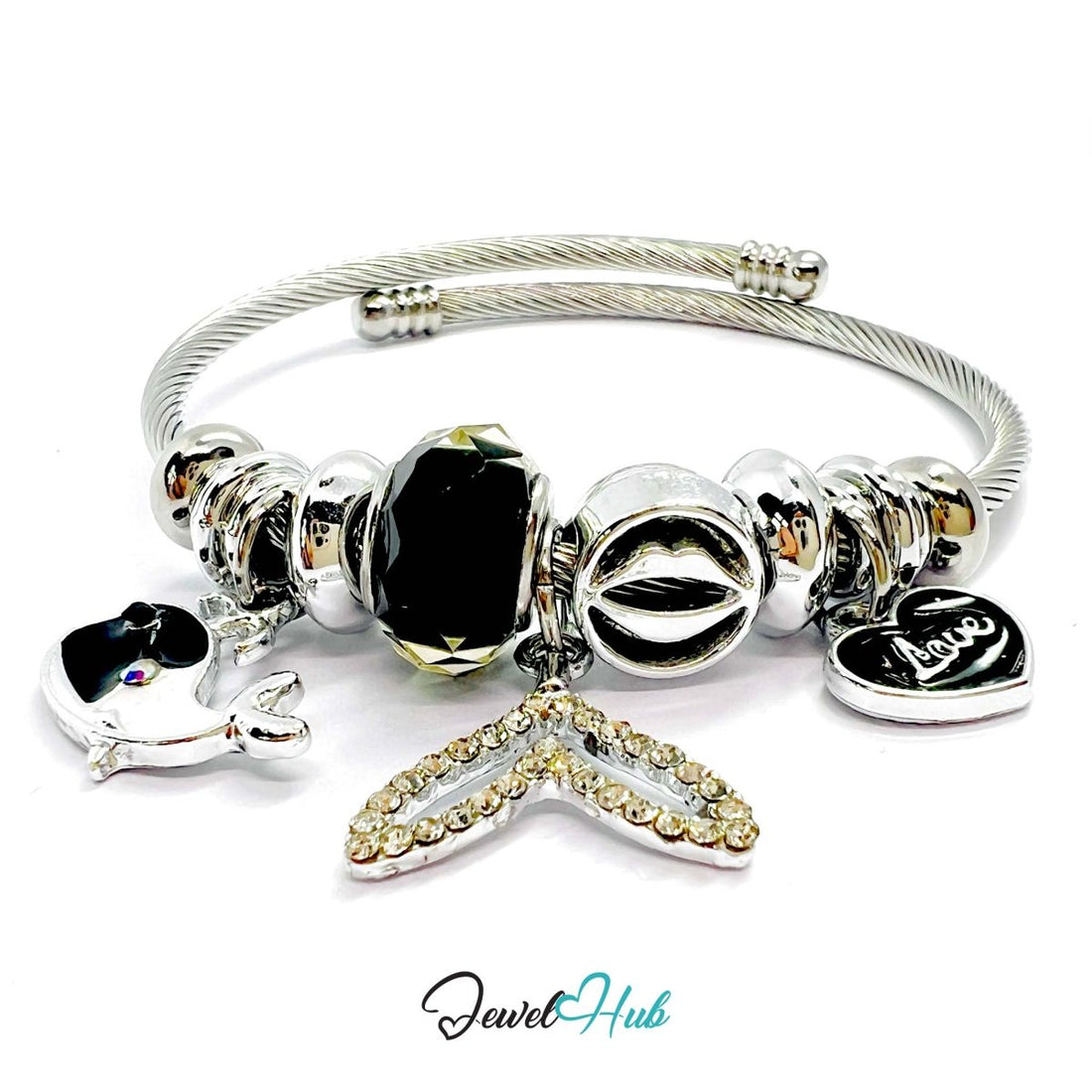 Silver Stainless Steel Black Fishtail, Love & Whale Charm Bangle - JewelHub.co.uk