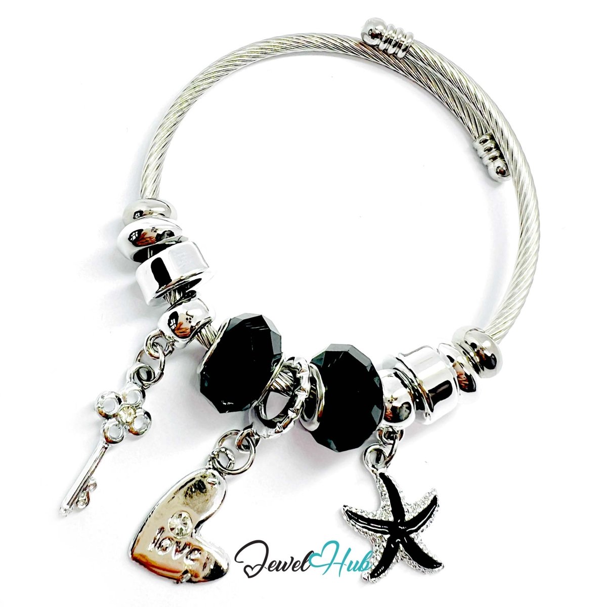 Silver Stainless Steel Black Heart Key Starfish Charm Bangle - JewelHub.co.uk