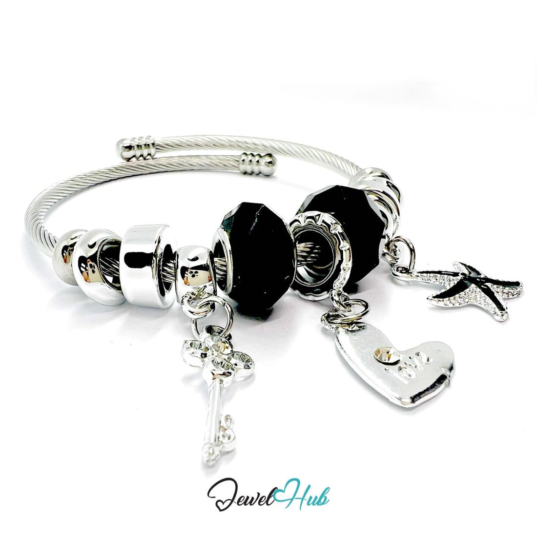 Silver Stainless Steel Black Heart Key Starfish Charm Bangle - JewelHub.co.uk