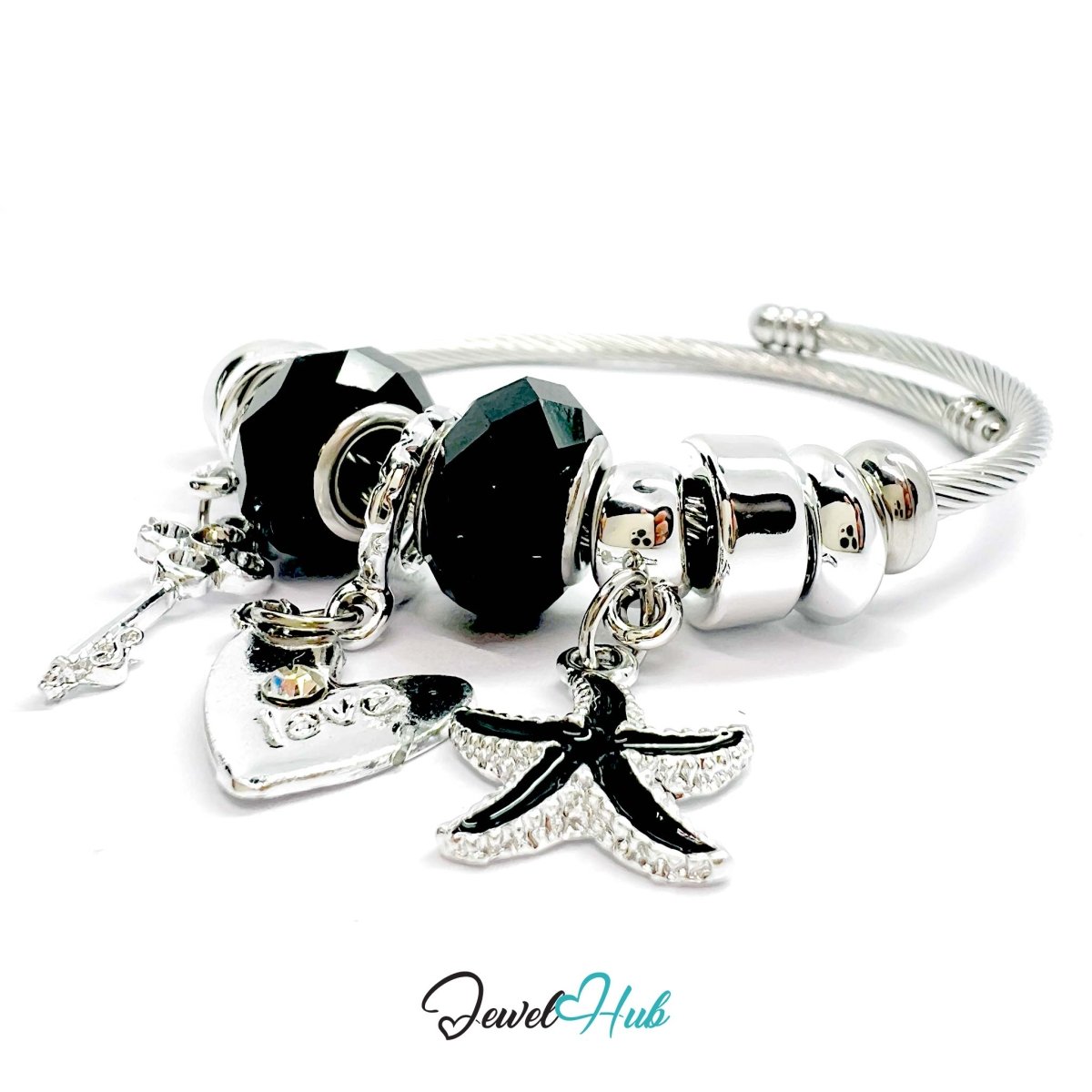 Silver Stainless Steel Black Heart Key Starfish Charm Bangle - JewelHub.co.uk