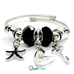 Silver Stainless Steel Black Heart Key Starfish Charm Bangle - JewelHub.co.uk