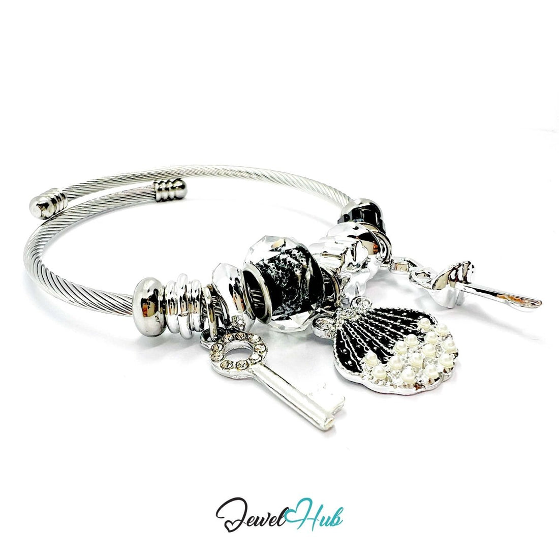 Silver Stainless Steel Black Pearl Shell, Key & Ballet Charm Bangle - JewelHub.co.uk