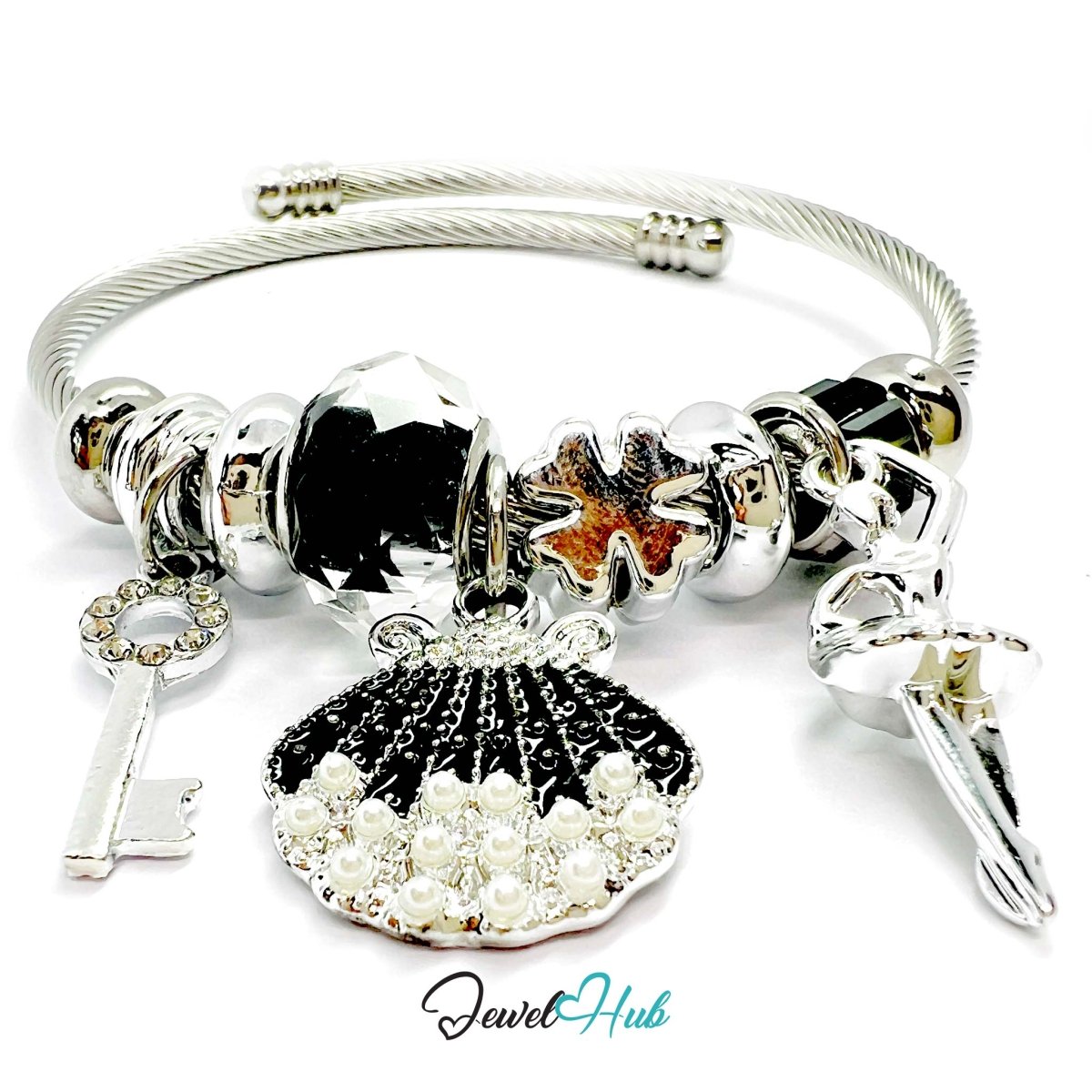 Silver Stainless Steel Black Pearl Shell, Key & Ballet Charm Bangle - JewelHub.co.uk