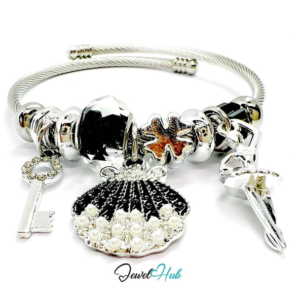 Silver Stainless Steel Black Pearl Shell, Key & Ballet Charm Bangle - JewelHub.co.uk
