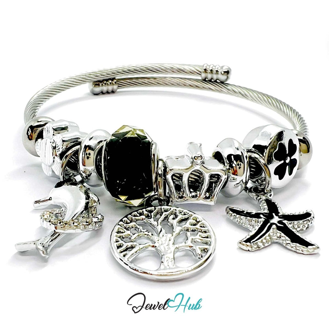 Silver Stainless Steel Black Tree of Life Ocean Charm Bangle - JewelHub.co.uk