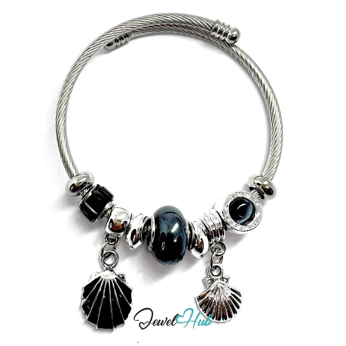 Silver Stainless Steel Black Twin Shell Charm Bangle - JewelHub.co.uk