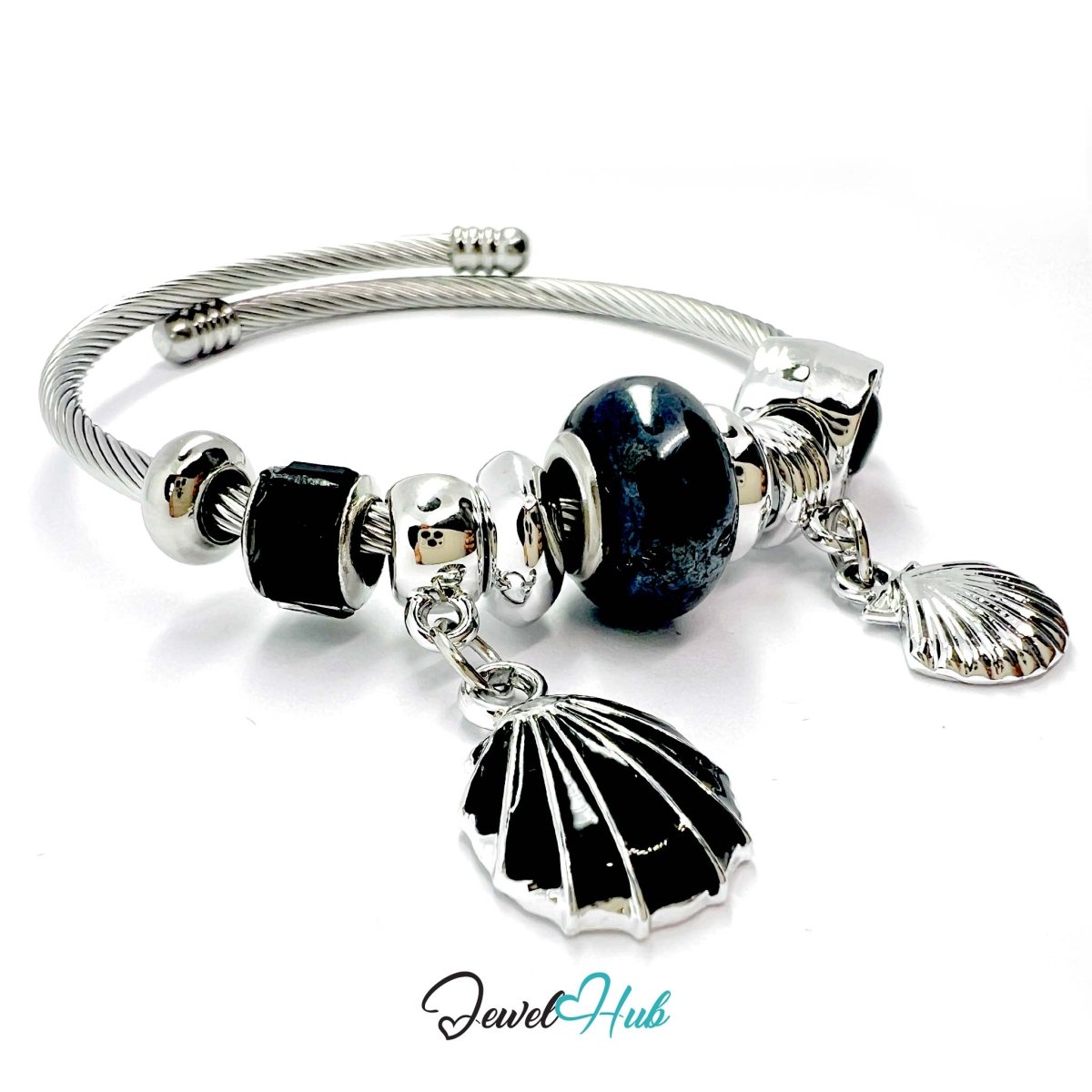 Silver Stainless Steel Black Twin Shell Charm Bangle - JewelHub.co.uk