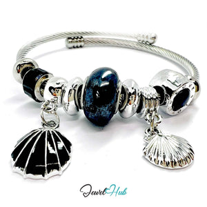 Silver Stainless Steel Black Twin Shell Charm Bangle - JewelHub.co.uk