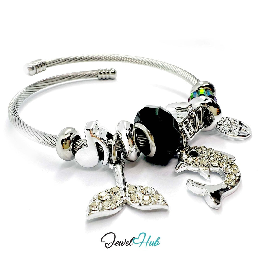 Silver Stainless Steel Black Whale, Fishtail & Tree Charm Bangle - JewelHub.co.uk