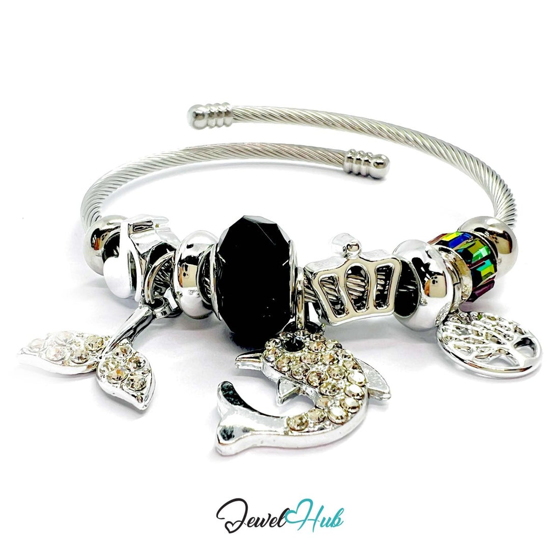 Silver Stainless Steel Black Whale, Fishtail & Tree Charm Bangle - JewelHub.co.uk