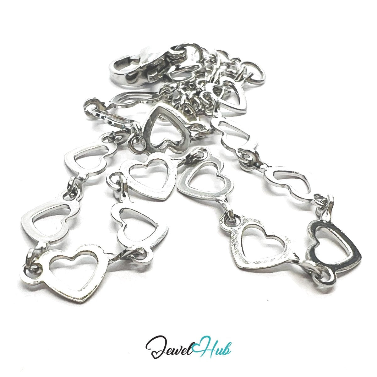 Silver Stainless Steel Bracelet – Delicate Open Heart‑Link Chain Design - JewelHub.co.uk