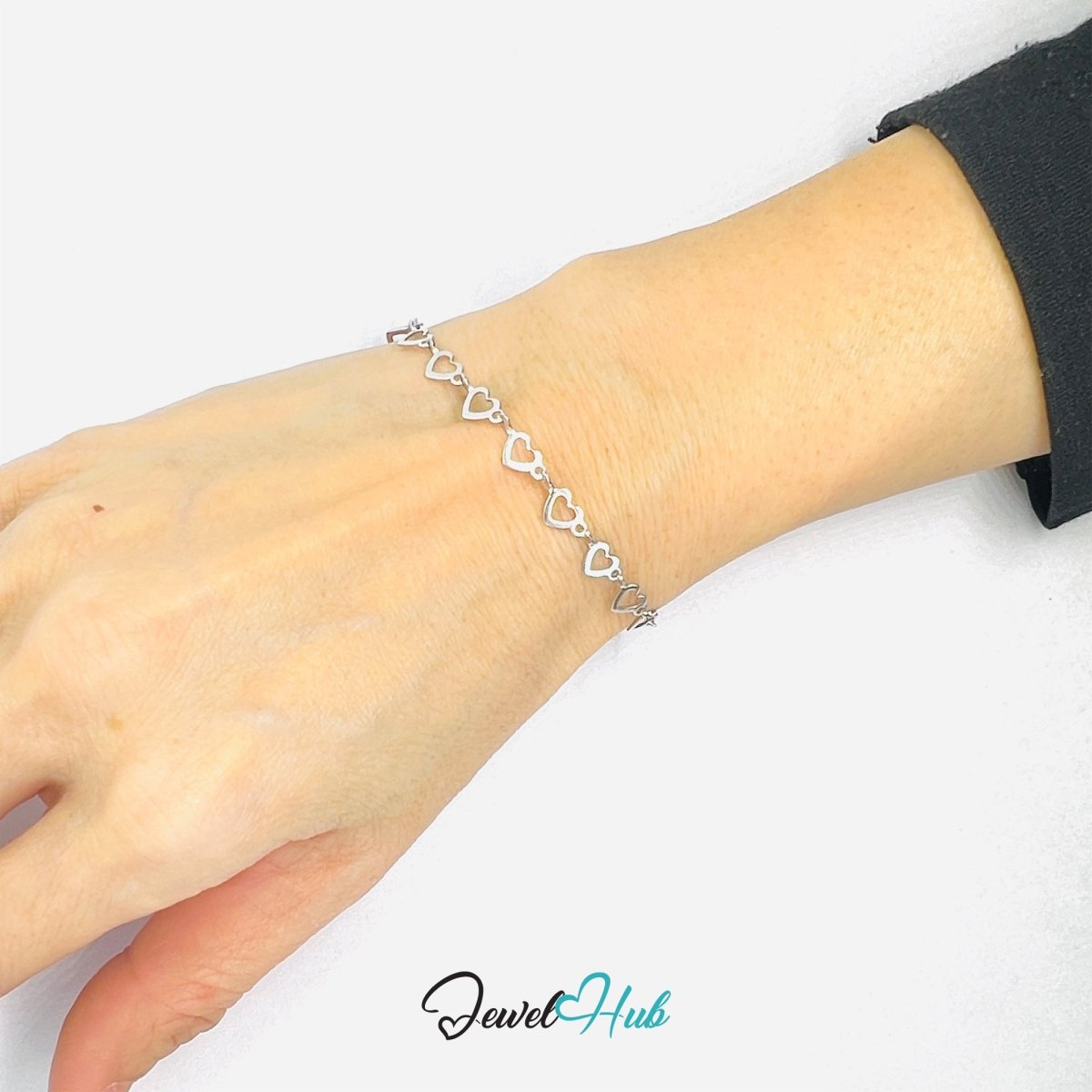 Silver Stainless Steel Bracelet – Delicate Open Heart‑Link Chain Design - JewelHub.co.uk