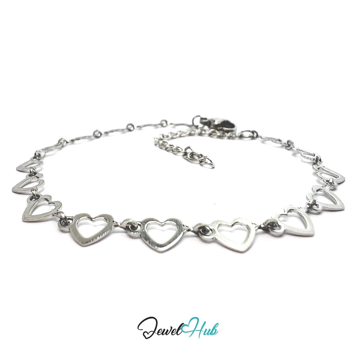 Silver Stainless Steel Bracelet – Delicate Open Heart‑Link Chain Design - JewelHub.co.uk