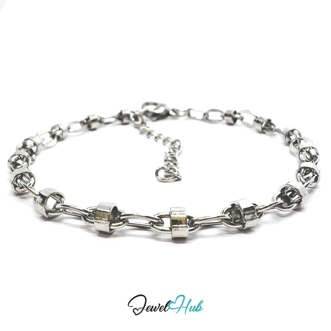 Silver Stainless Steel Bracelet – Modern Cylindrical‑Accent Chain Design - JewelHub.co.uk