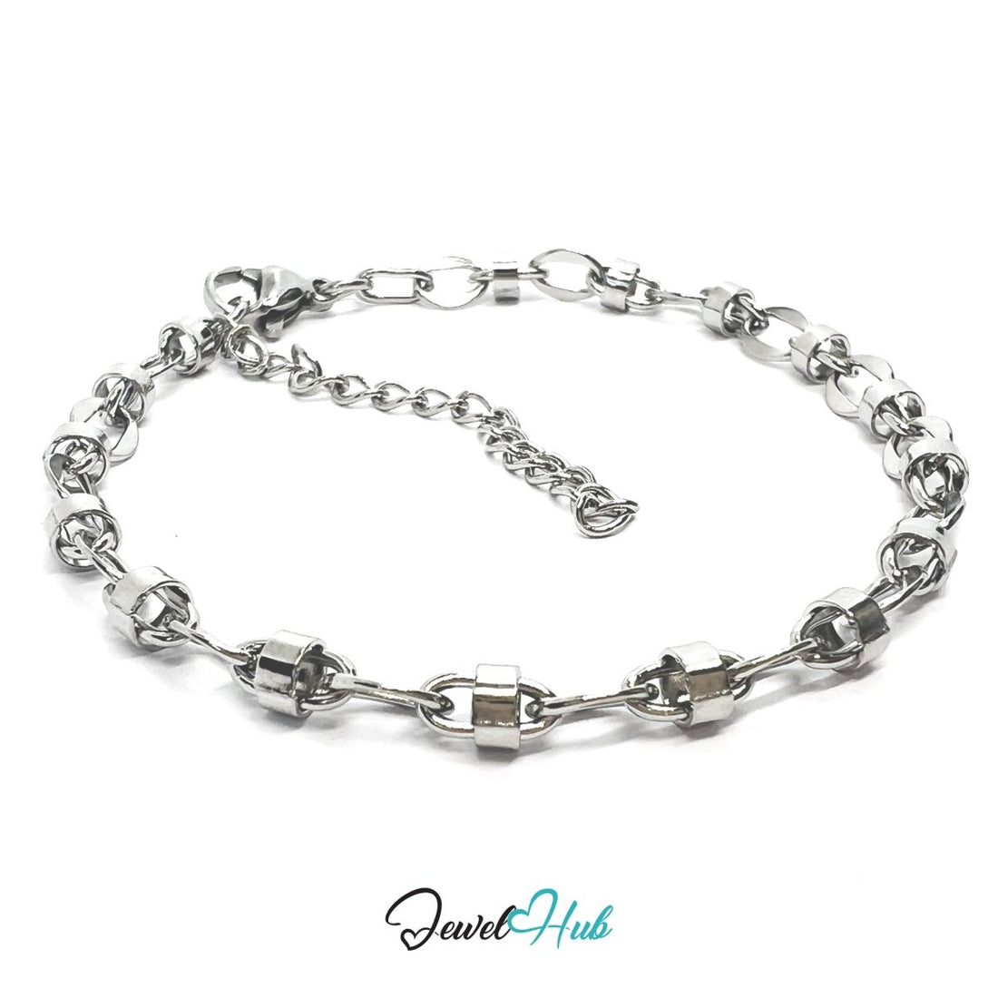 Silver Stainless Steel Bracelet – Modern Cylindrical‑Accent Chain Design - JewelHub.co.uk