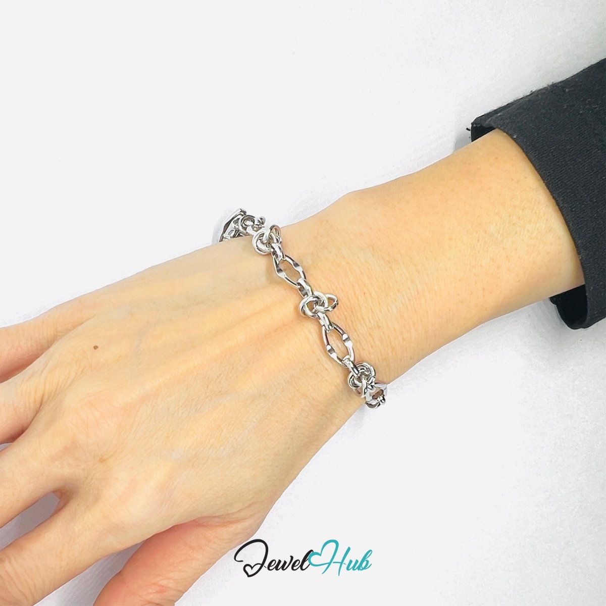 Silver Stainless Steel Bracelet – Patterned Knot‑Link Chain Design - JewelHub.co.uk