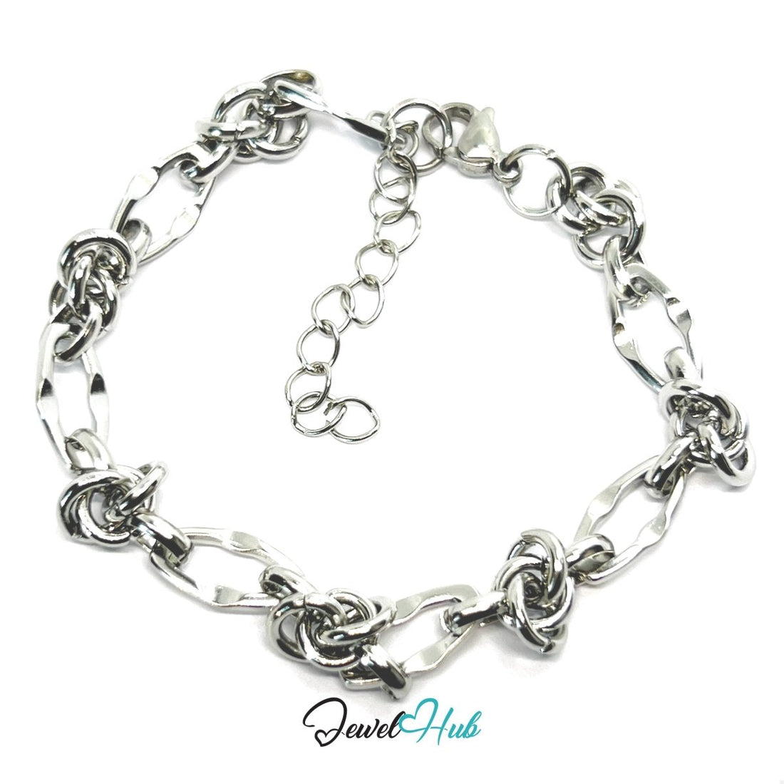 Silver Stainless Steel Bracelet – Patterned Knot‑Link Chain Design - JewelHub.co.uk