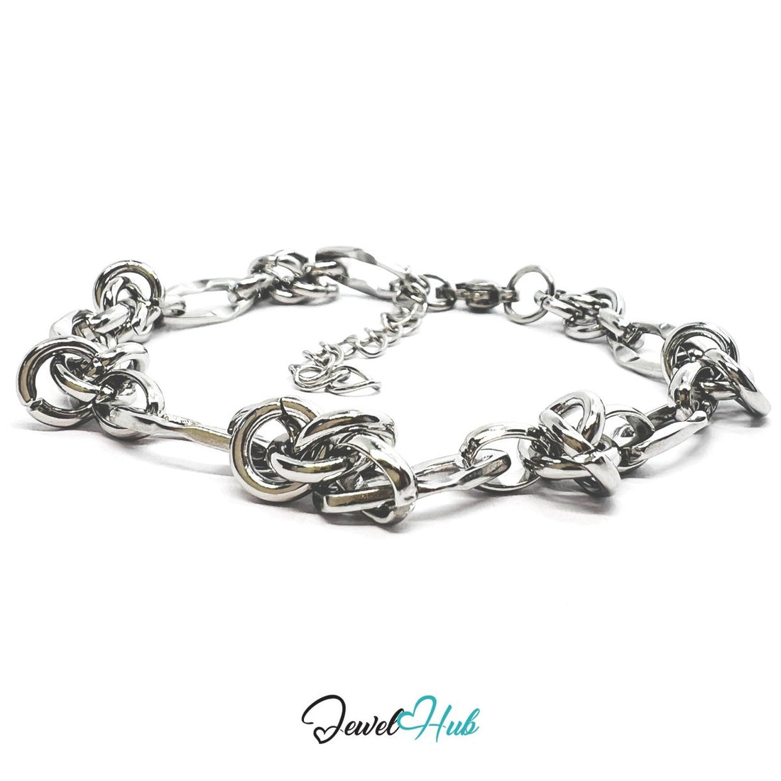 Silver Stainless Steel Bracelet – Patterned Knot‑Link Chain Design - JewelHub.co.uk