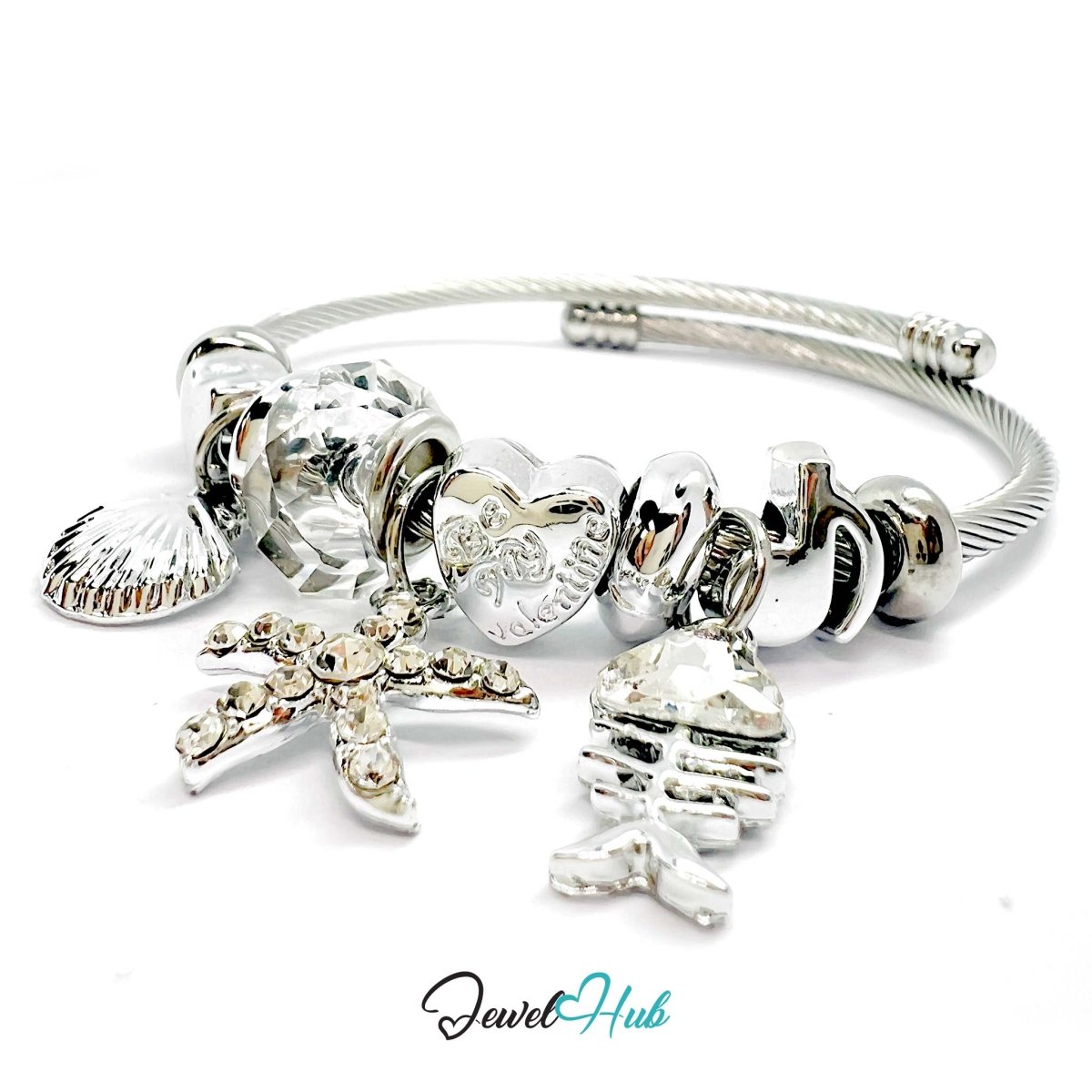 Silver Stainless Steel Clear Fishbone, Starfish & Shell Charm Bangle - JewelHub.co.uk