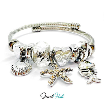 Silver Stainless Steel Clear Fishbone, Starfish & Shell Charm Bangle - JewelHub.co.uk