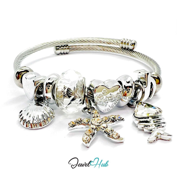 Silver Stainless Steel Clear Fishbone, Starfish & Shell Charm Bangle - JewelHub.co.uk