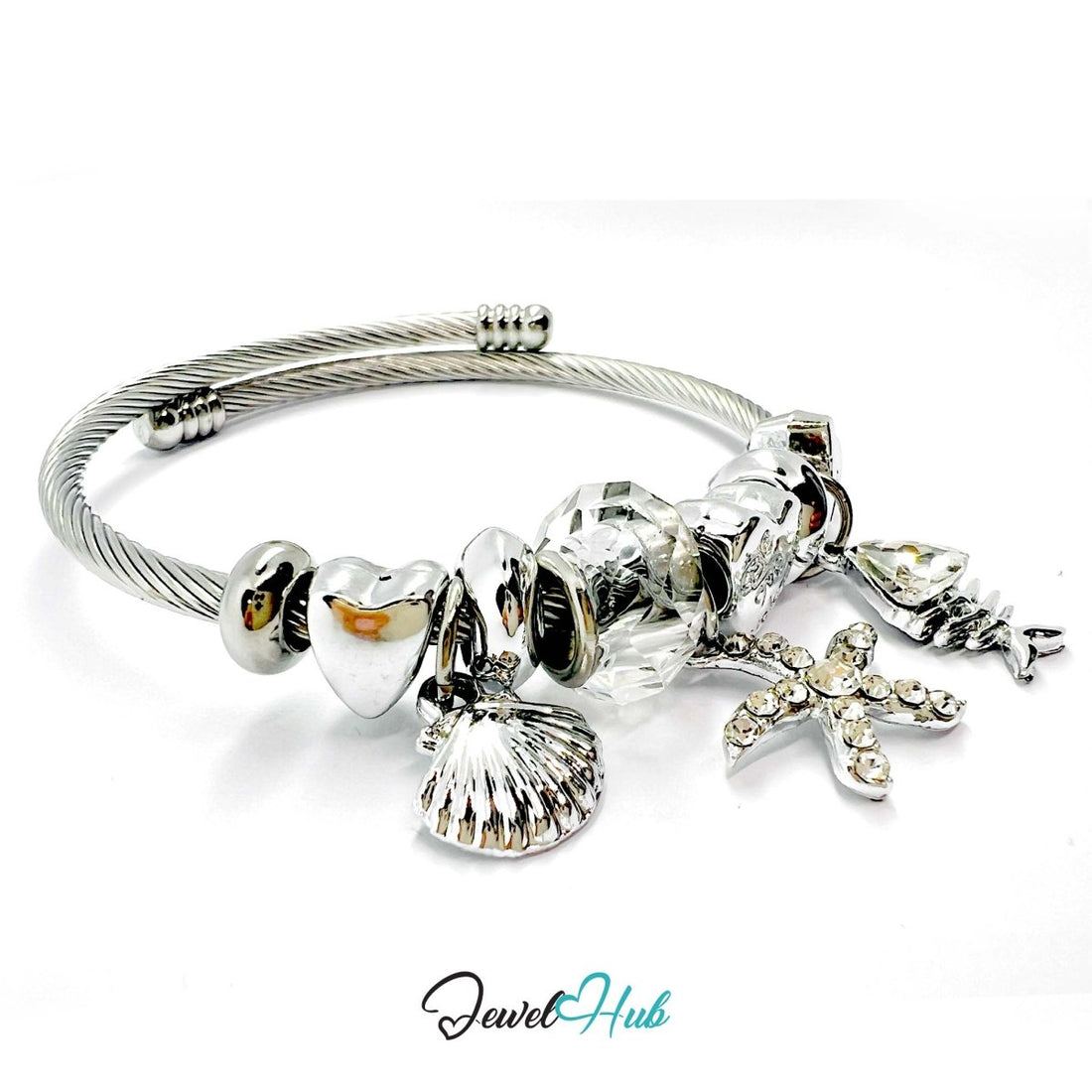 Silver Stainless Steel Clear Fishbone, Starfish & Shell Charm Bangle - JewelHub.co.uk