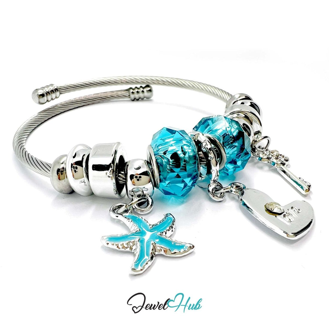 Silver Stainless Steel Cyan Heart Key Starfish Charm Bangle - JewelHub.co.uk