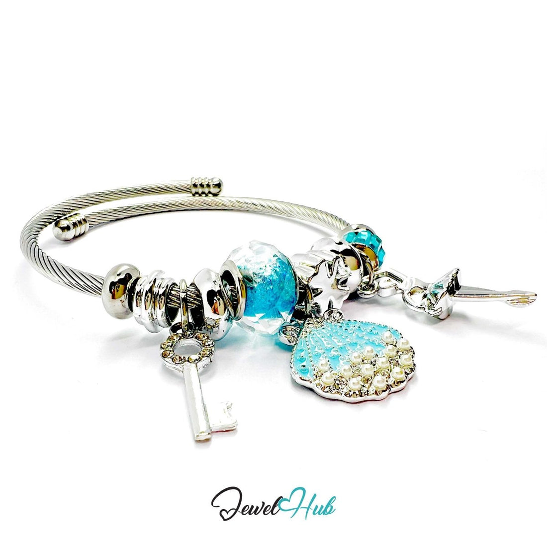 Silver Stainless Steel Cyan Pearl Shell, Key & Ballet Charm Bangle - JewelHub.co.uk